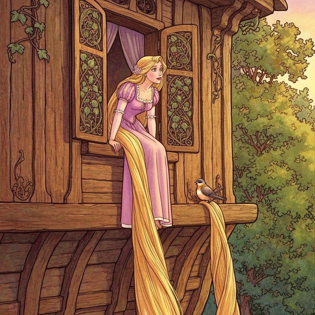 Rapunzel Leans from Tower Window Speaking to Bird in Art Nou...