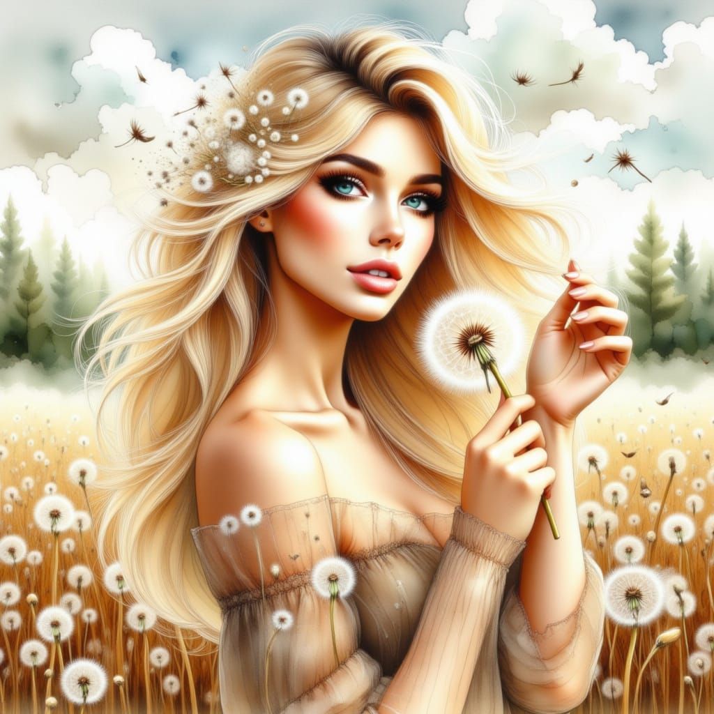 Watercolor Painting of Woman with Dandelion Seeds