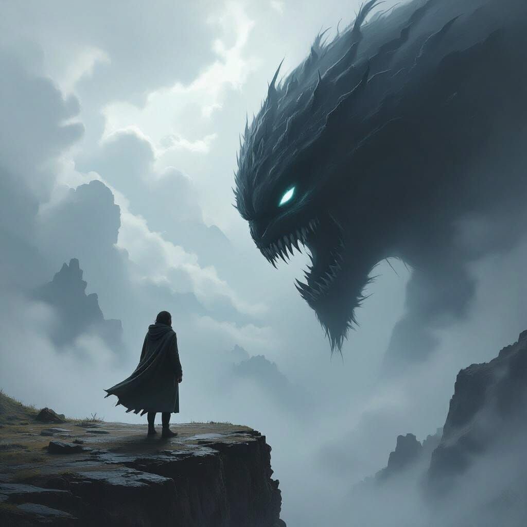 Courageous Figure Confronts Shadowy Creature on Cliff