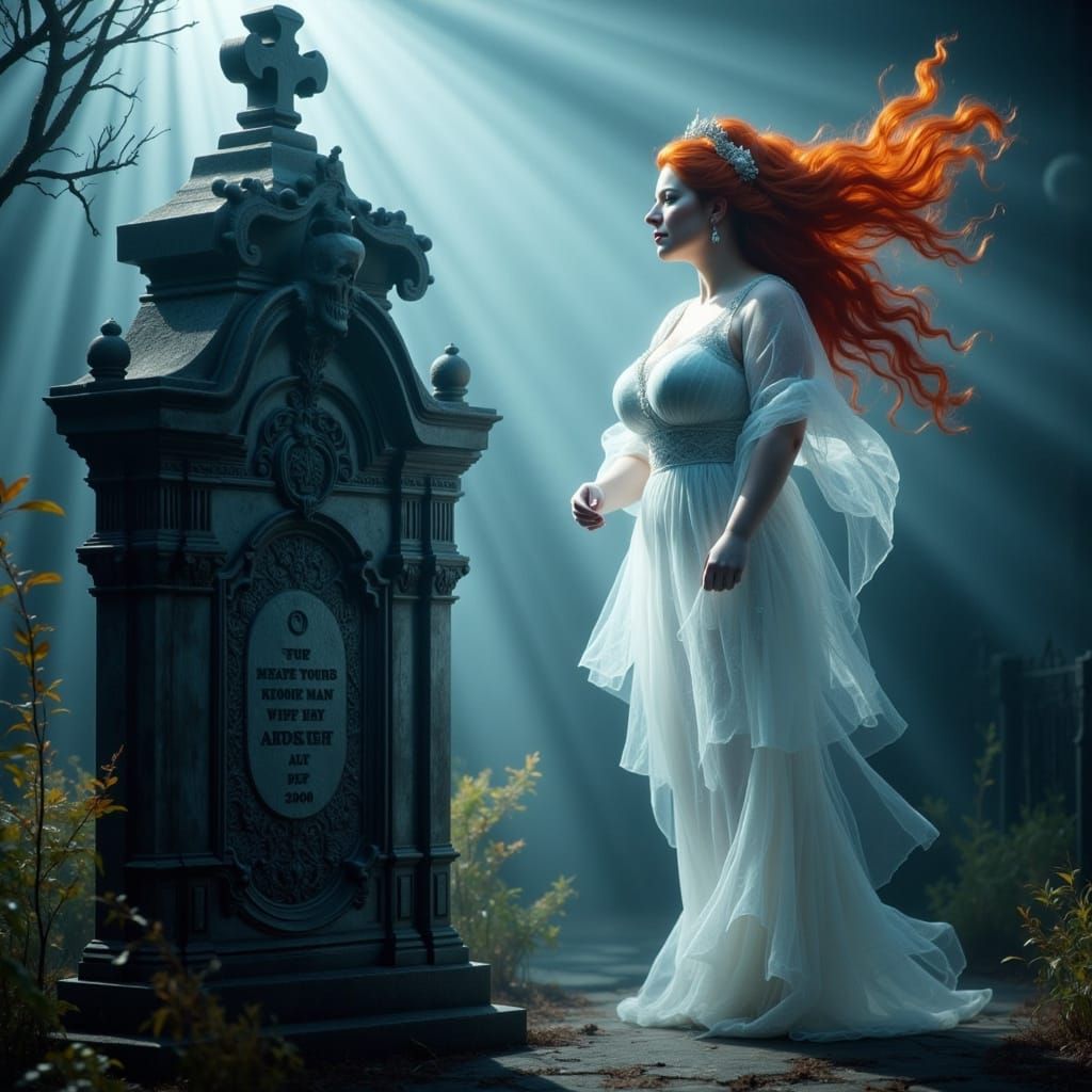 Ethereal Woman in a Misty Cemetery, Cinematic Film Still