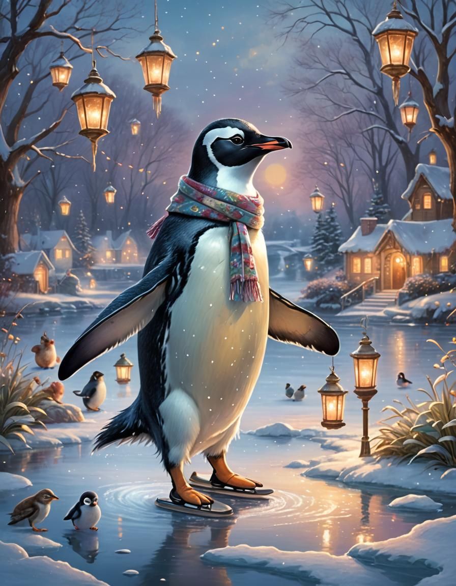 A delightful illustration of a penguin wearing a winter scar...