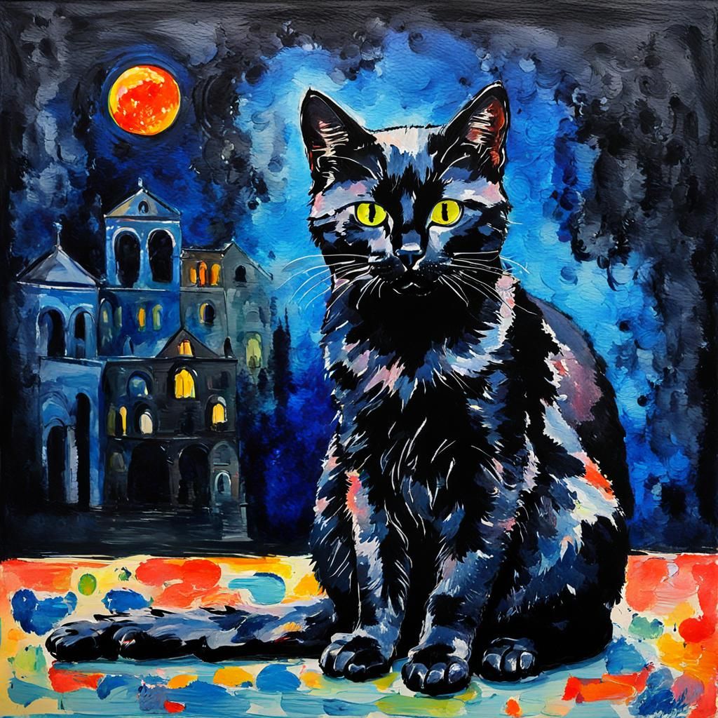 Black Cat in Museum: Fauvist Watercolor Painting