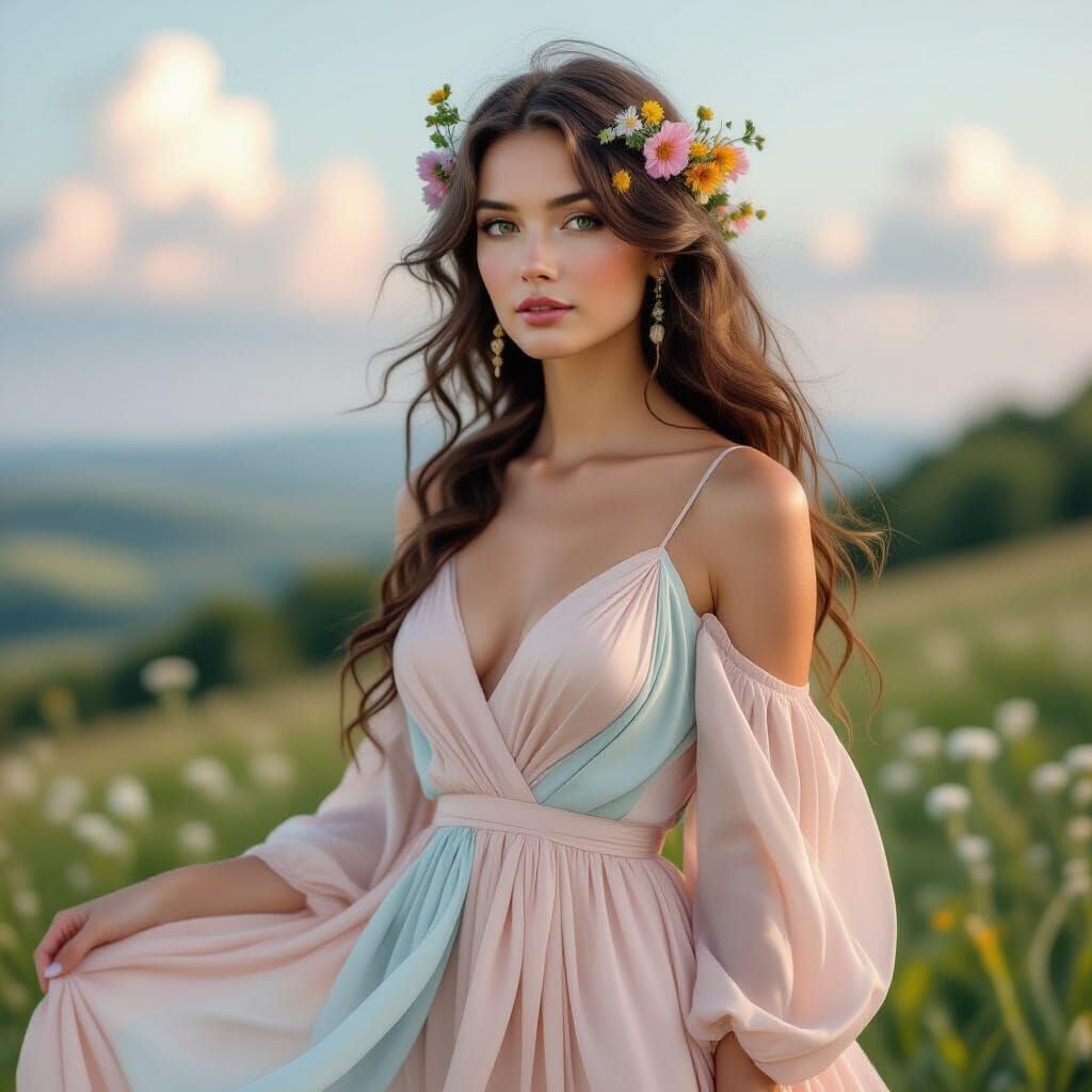 Ethereal Woman in Flowing Dress, Photorealistic Style