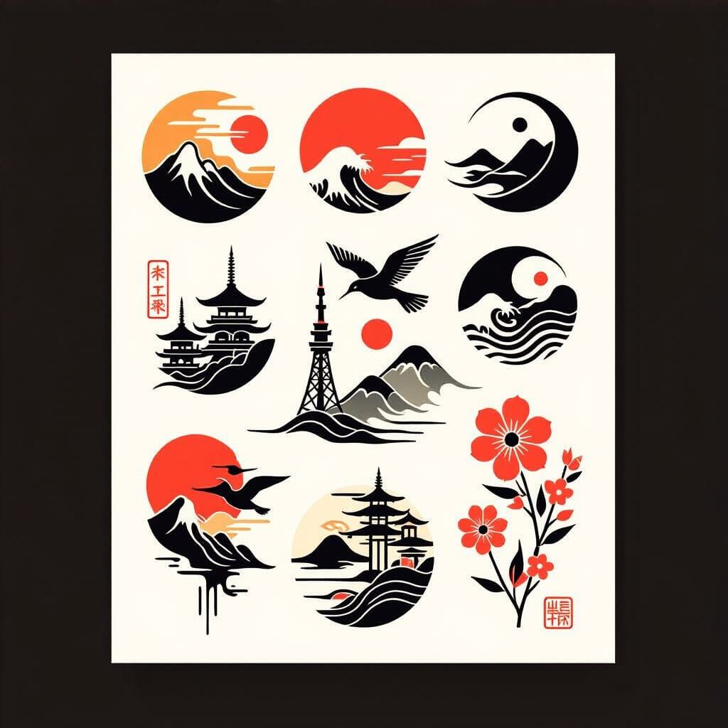 Minimalist Japanese Tattoo Designs on Sheet