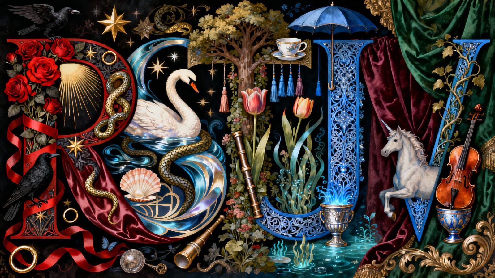 Ornamental Letters R, S, T, U, V in Dark Fairytale Style