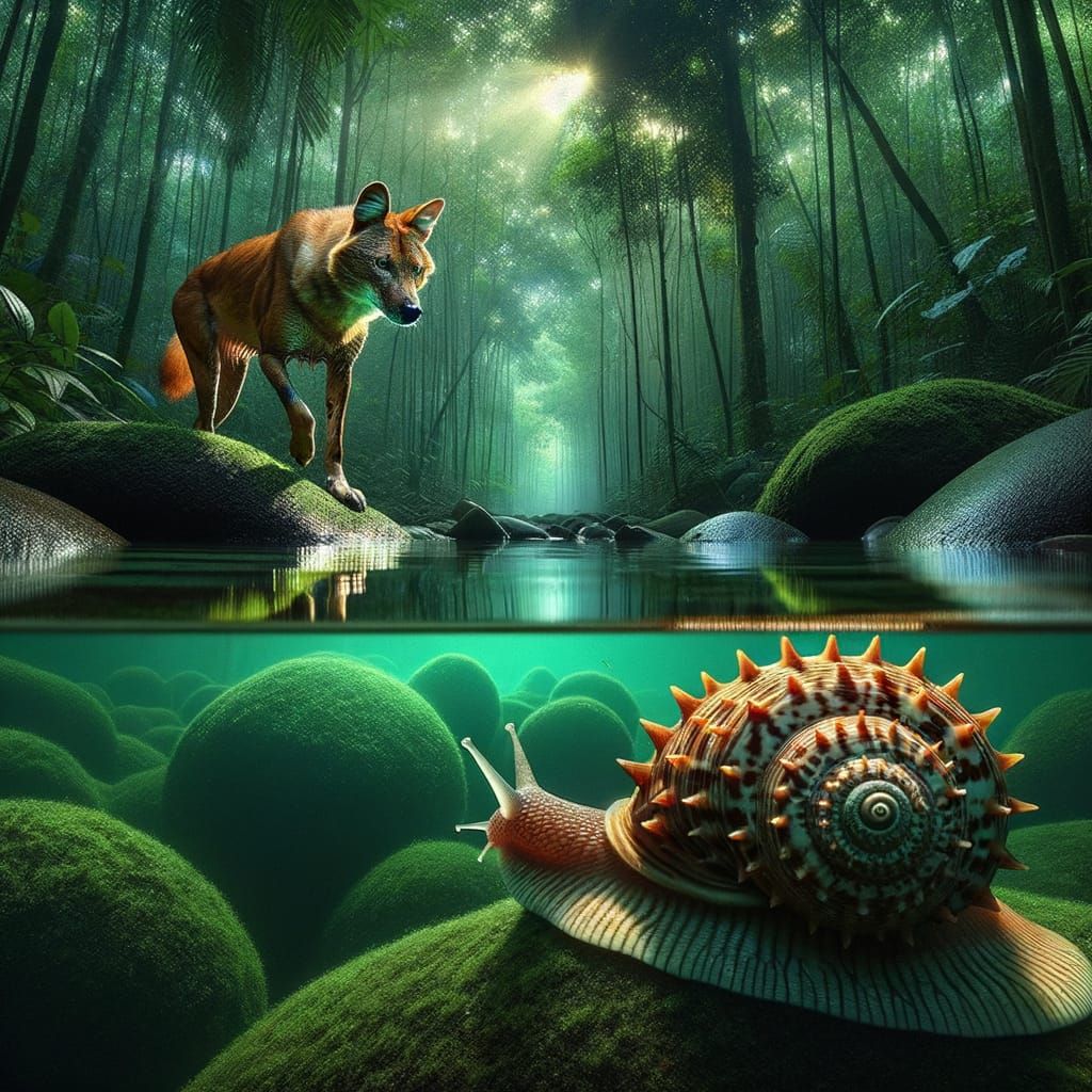 Dhole by Jungle Pool with Cone Snail
