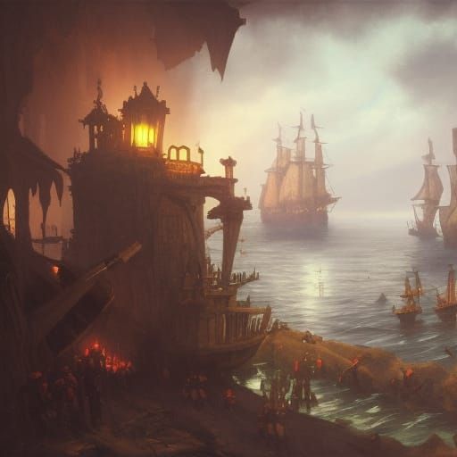 Pirate Brigs Battle in Dark Fantasy Style