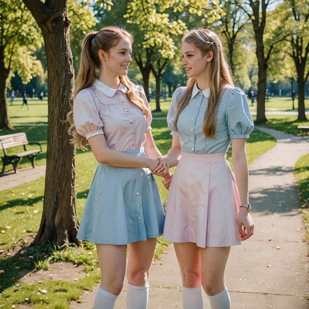 Teenage Girls Holding Hands in Sunny Park