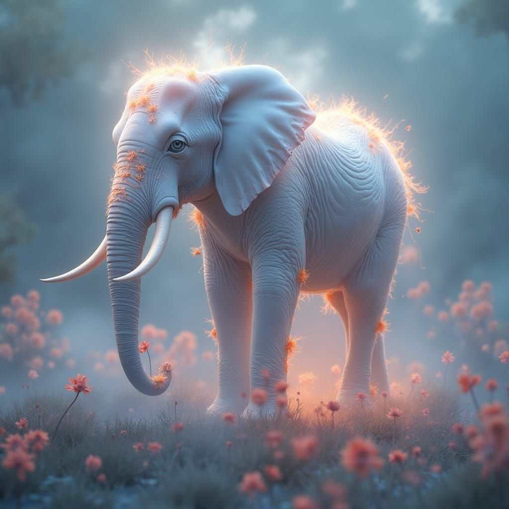 Ethereal Elephant Made of Light and Petals