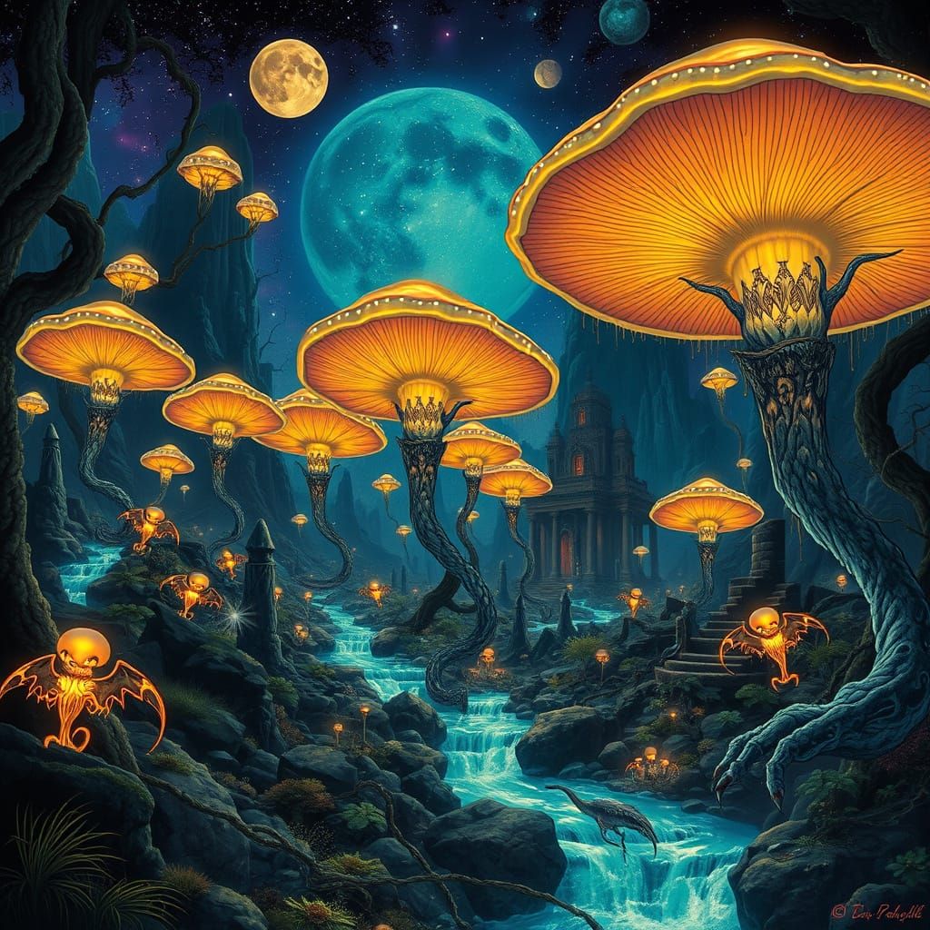 Glowing Alien Forest with Iridescent Creatures and Ancient R...