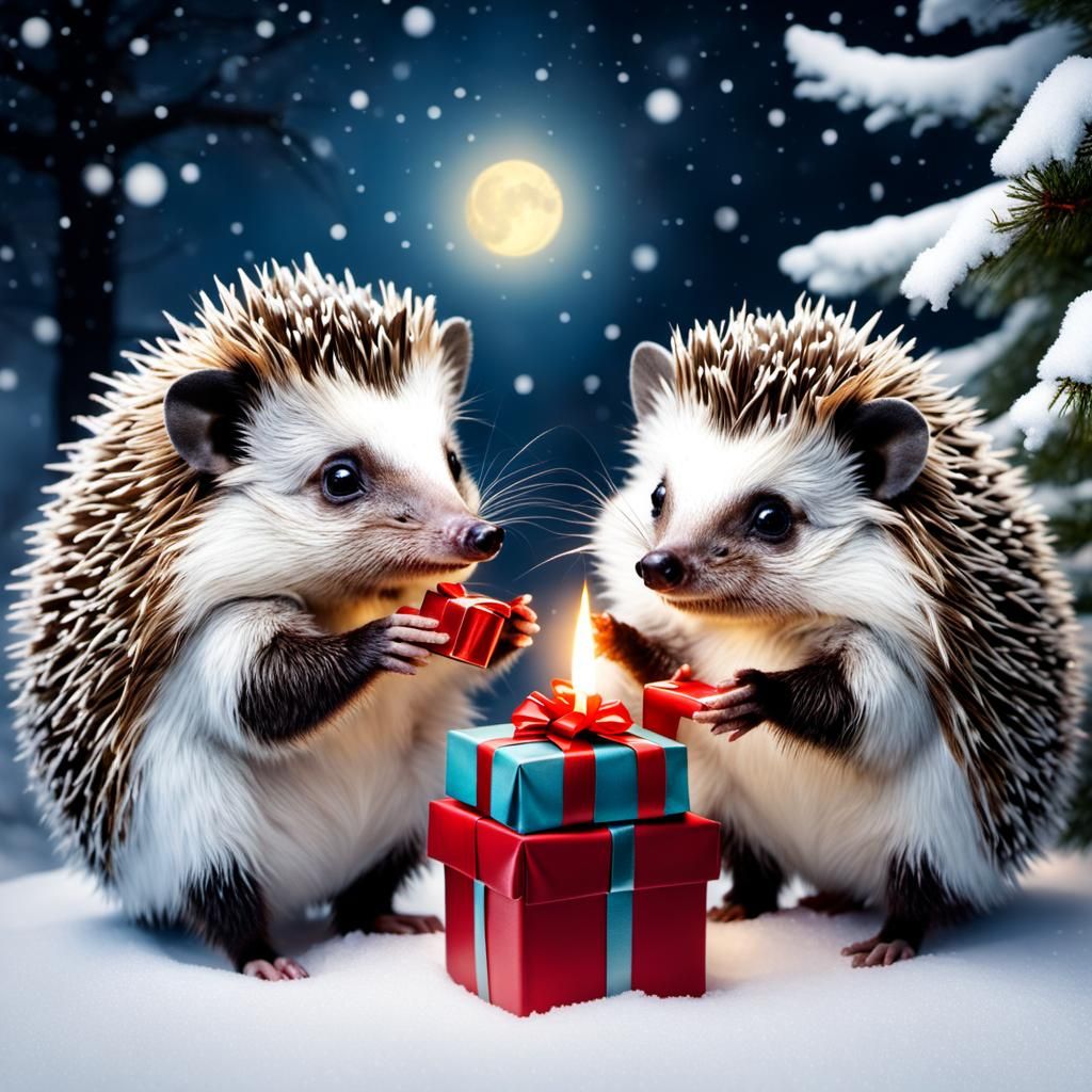Hedgehogs Exchanging Gifts in Snowy Wonderland