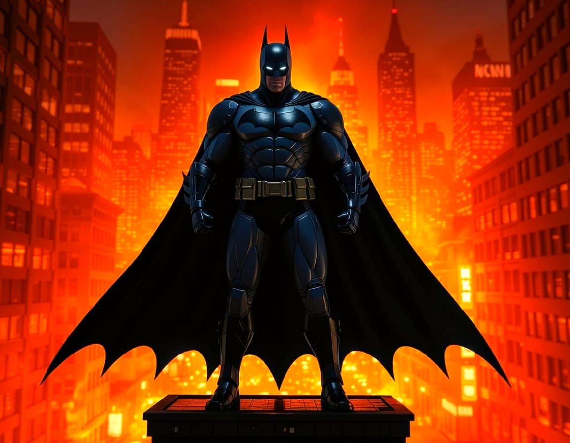 Muscular Batman Overlooking Dark Futuristic Gotham City