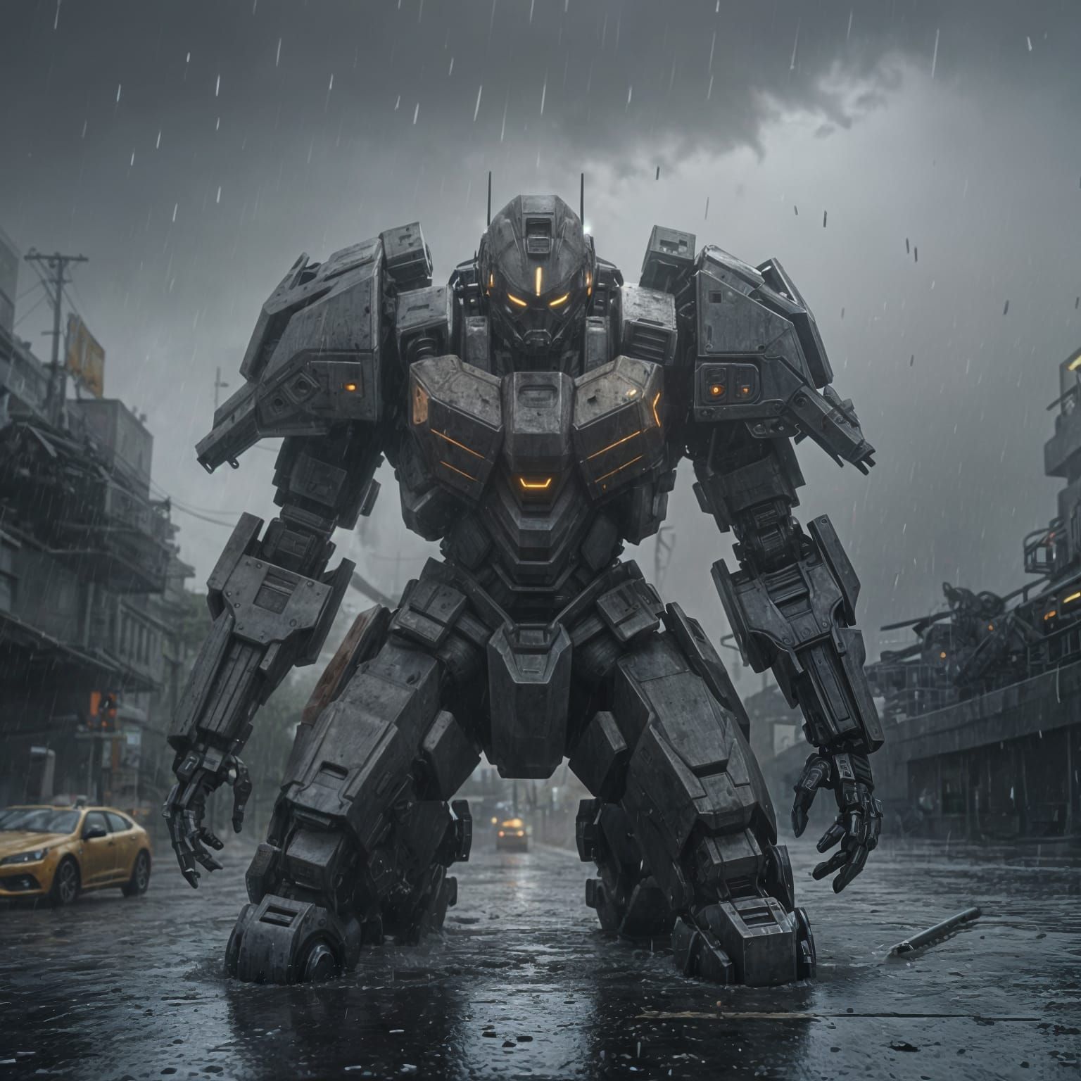 Damaged Armored Core Mech in Dreary Rainstorm