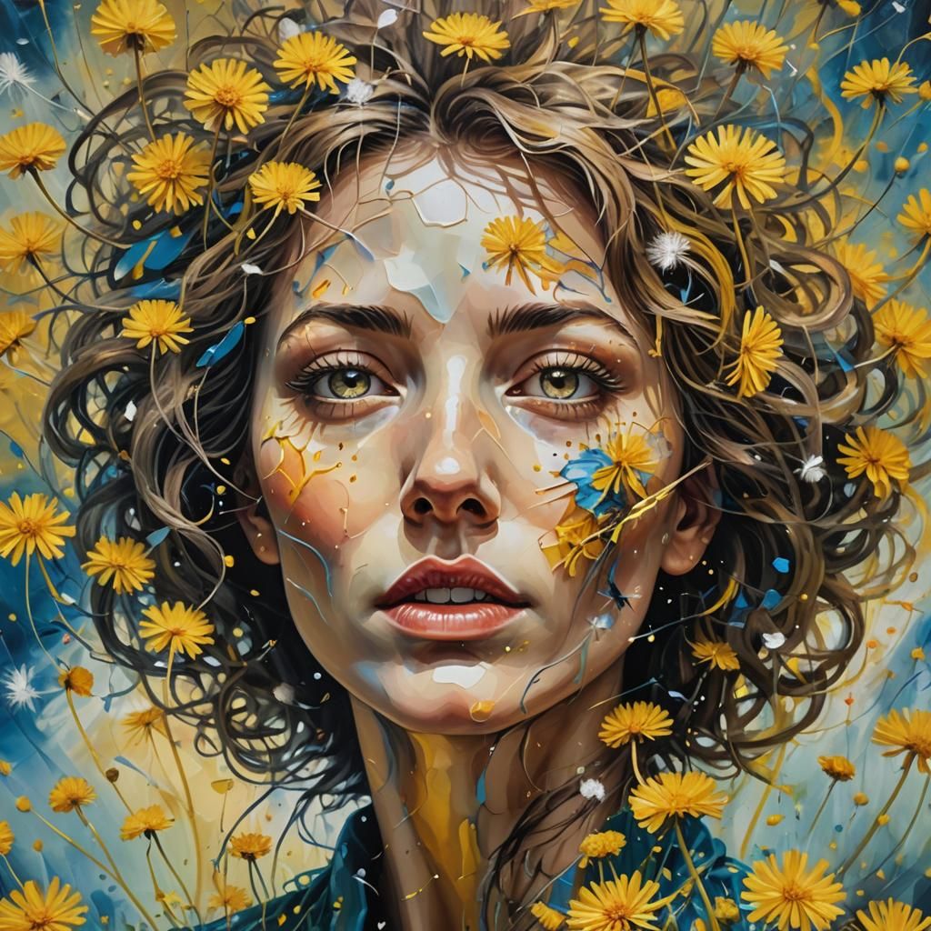 Surreal Dandelion Woman: Vibrant Oil Painting