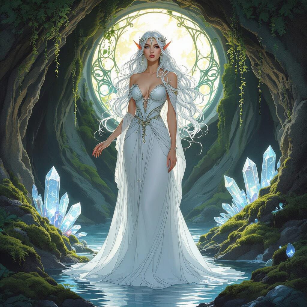 Elven Queen in Grotto, Art Nouveau Digital Painting