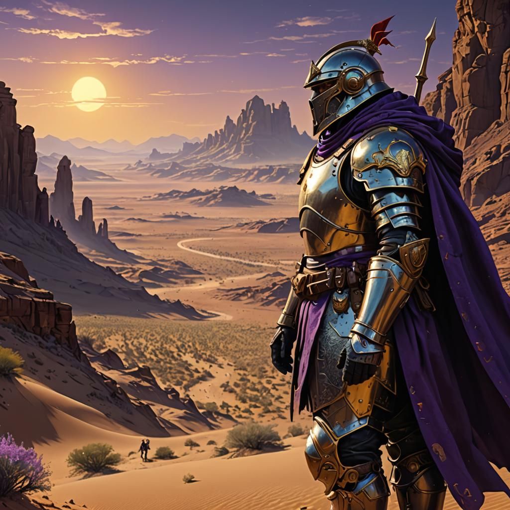 Armored Knight Wonders Through Fantasy Desert