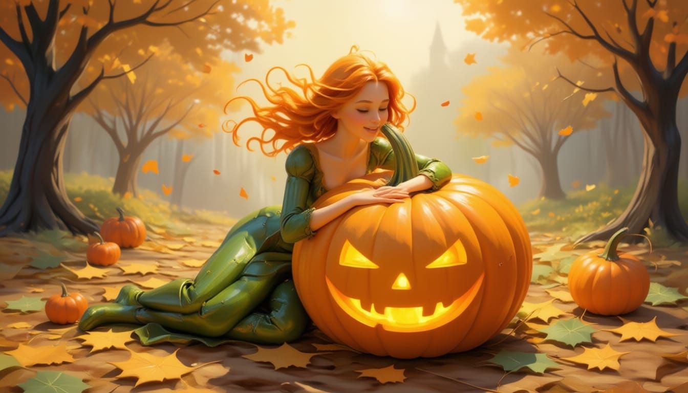 Woman Rests on Giant Jack-o'-Lantern