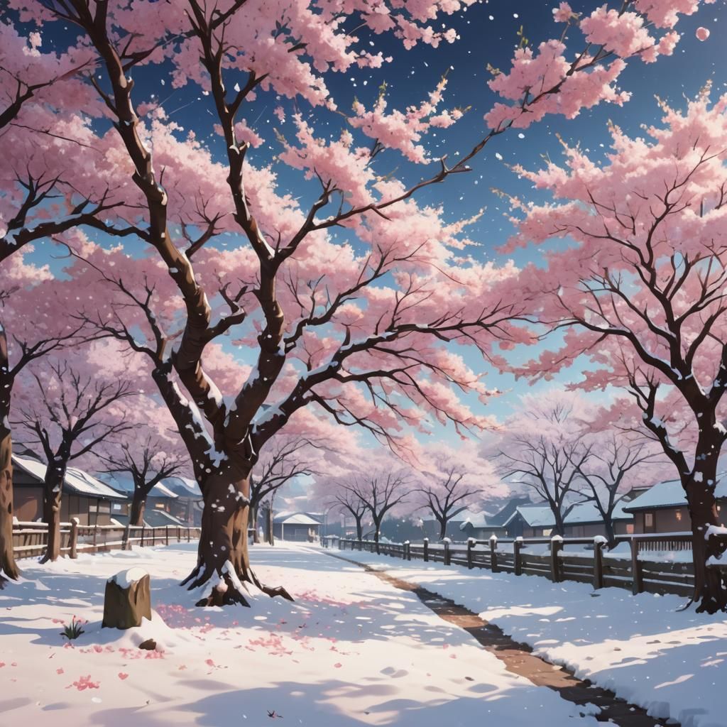 Cherry Blossoms in Snow: Surreal Anime Landscape