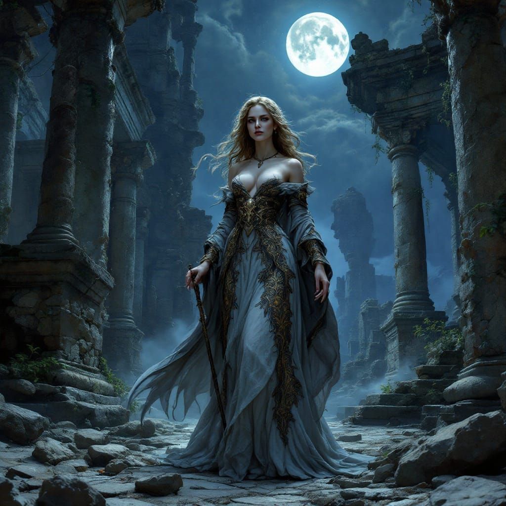 Enchantress in Ancient Ruins with Volumetric Lighting