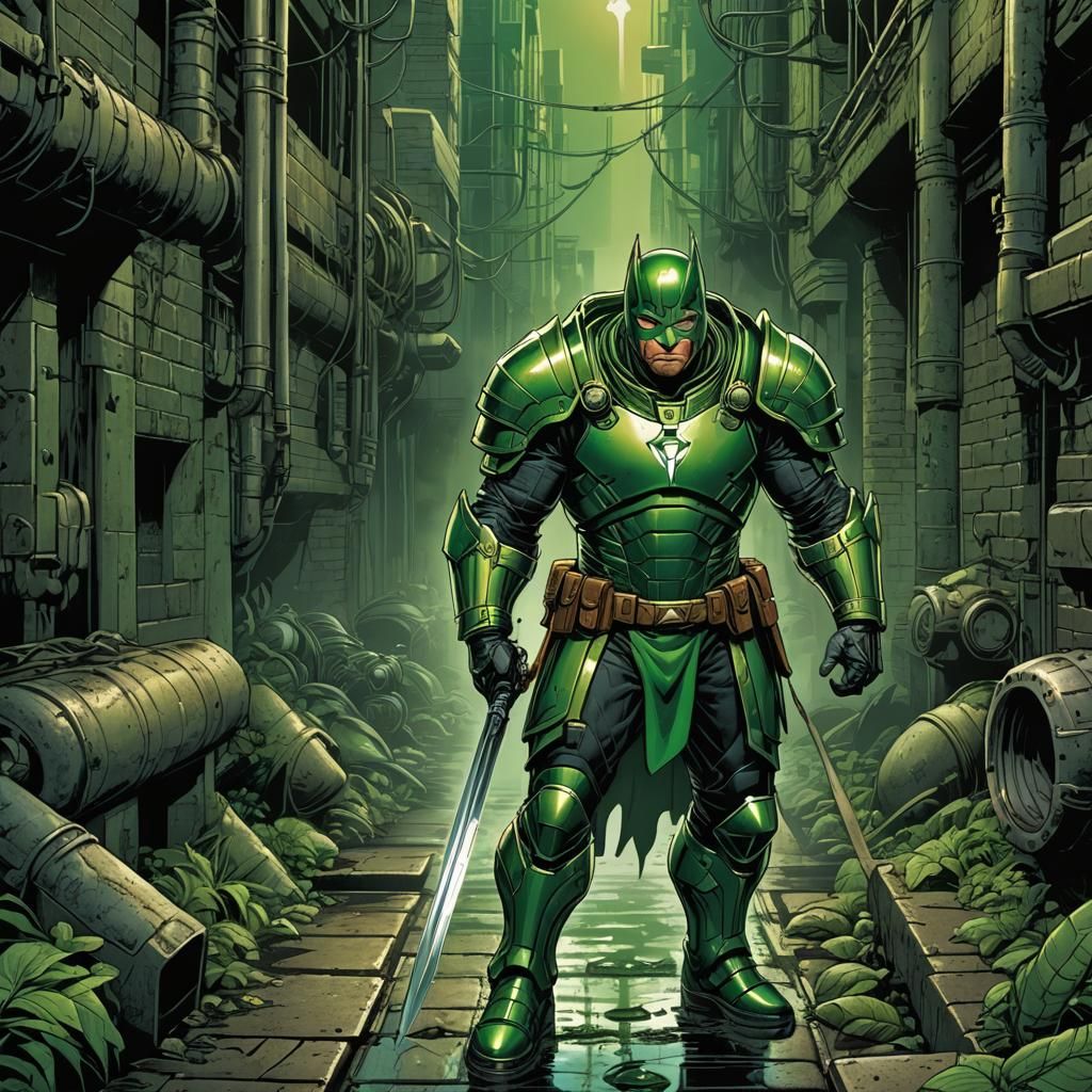 Green Armored Superhero in Sewer, Comic Book Art