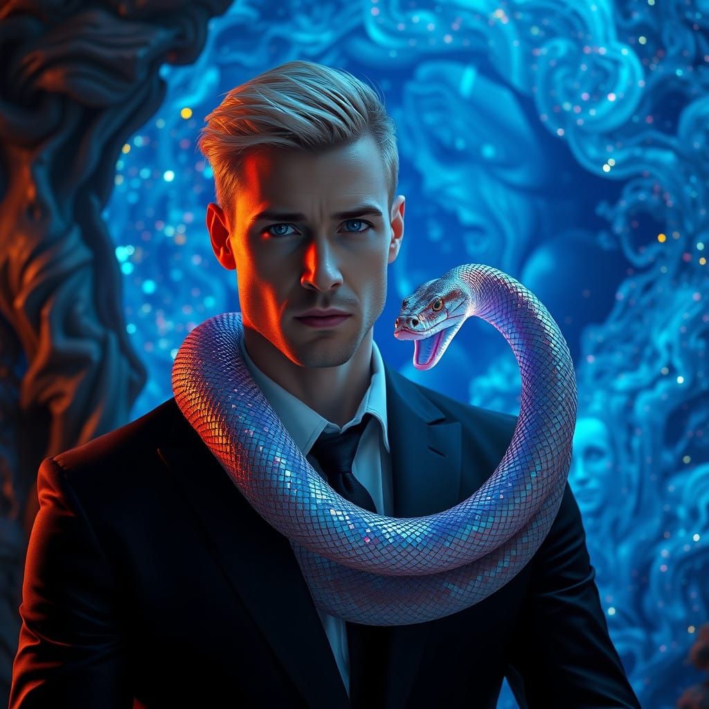 Confident Blond Man Holding Symbolic Snake in Front of Iride...