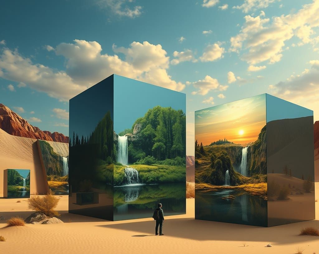 Surreal Desert Mirages Reflected in Shimmering Mirror Cubes