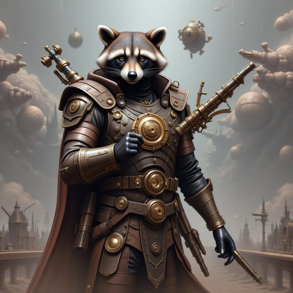 Steampunk Raccoon Superhero in Dynamic Action