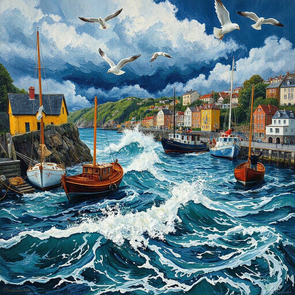 Stormy Harbor Scene in Van Gogh's Expressionistic Style