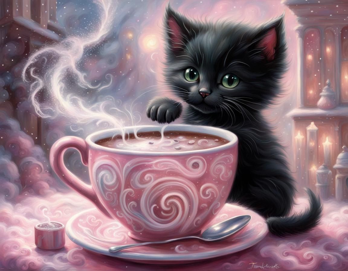 Sweet Kitten Enjoys Hot Cocoa: Ethereal Fantasy Art