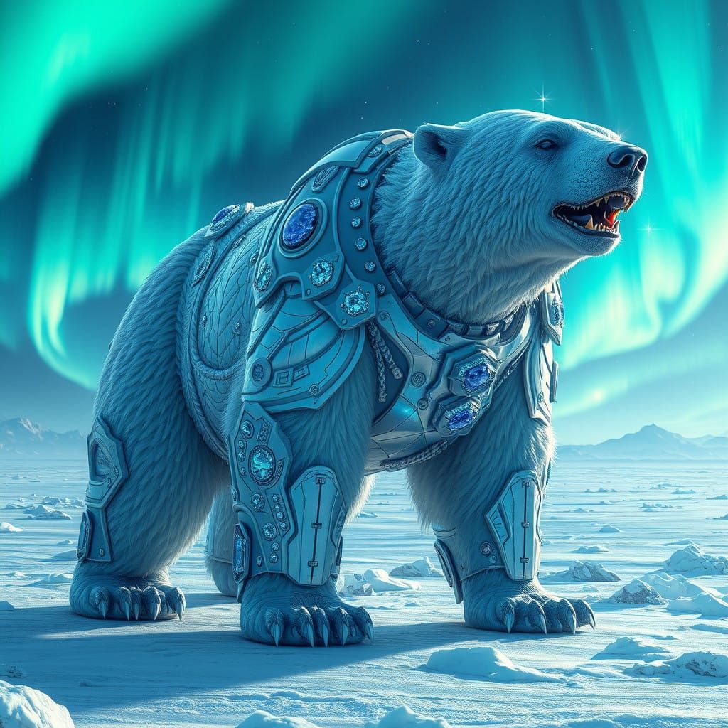 Majestic Crystal-Encrusted Polar Bear Amidst Ethereal Northe...