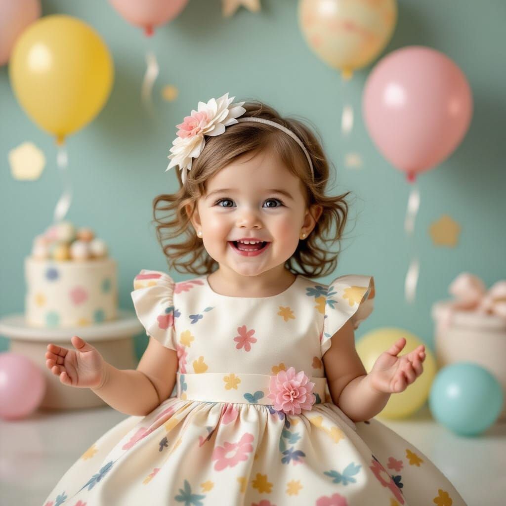 Charming Girl Surrounded by Bubbles and Pastel Cakes