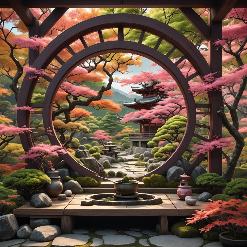 Japanese Teahouse in Zen Garden with Autumn Colors