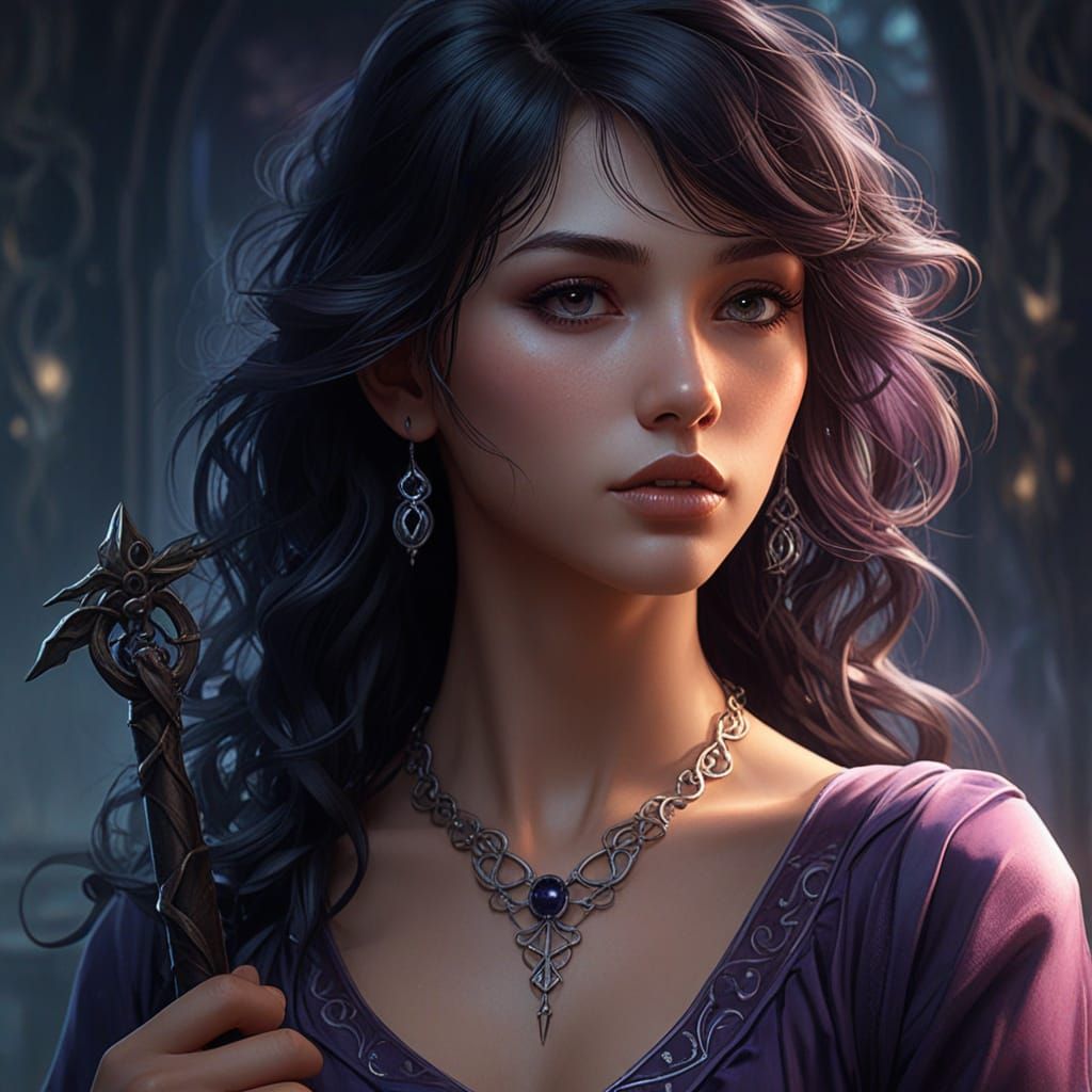 Evil Witch with Magic Staff in Haunted House