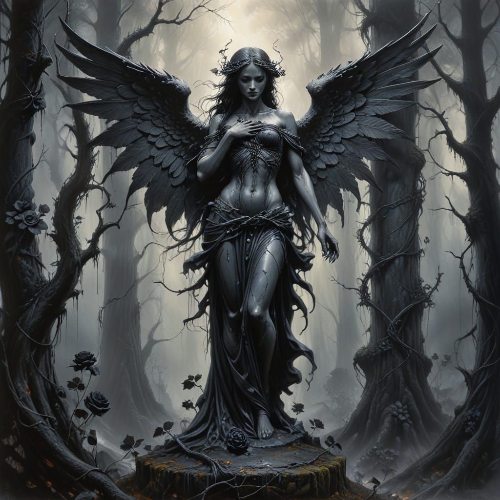 Angel of Grief: Dark Fantasy Oil Painting and Sketch