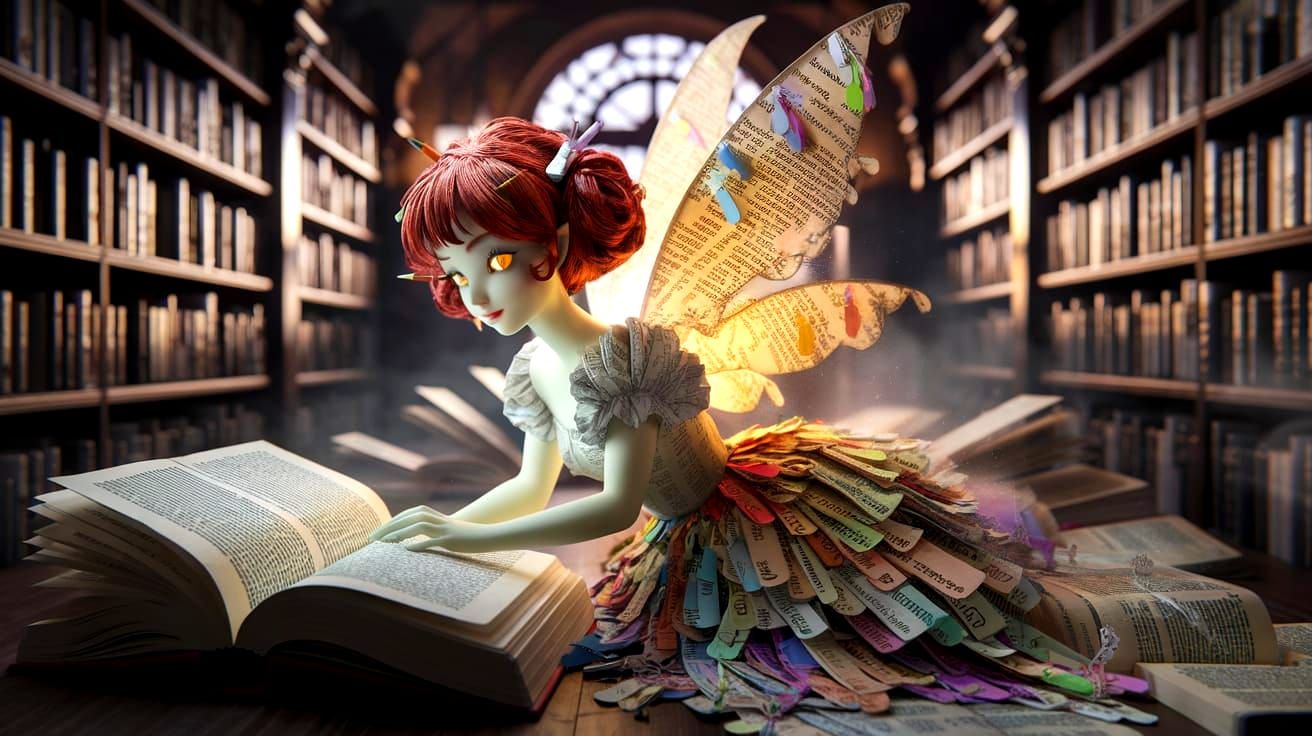 Literary Fairy in Library, Fantasy Art