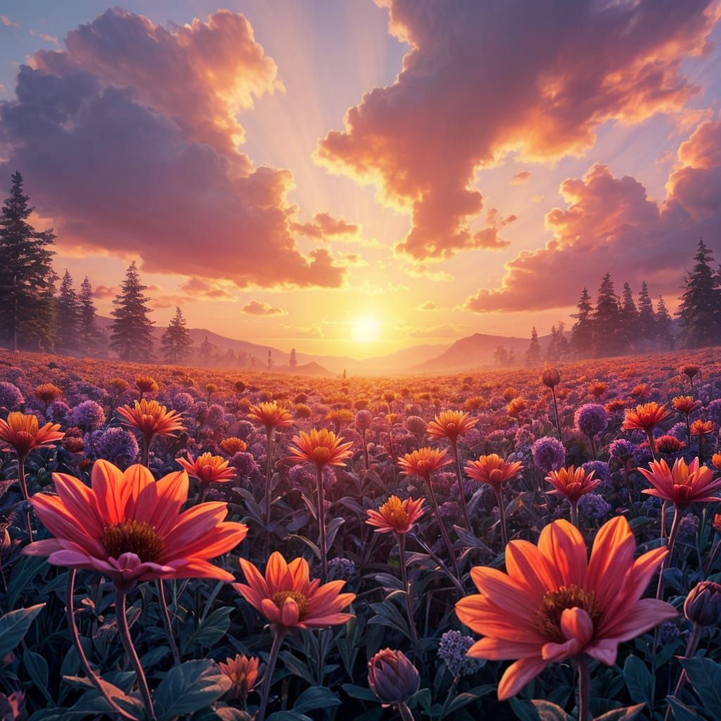 Flower Field Sunrise: 60s Album Cover Art