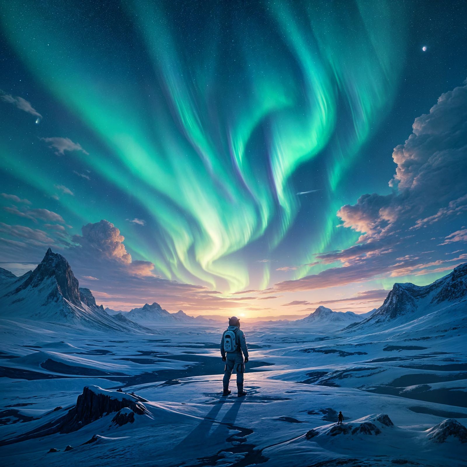 Astronaut Gazes at Alien Aurora in Dreamscape Landscape