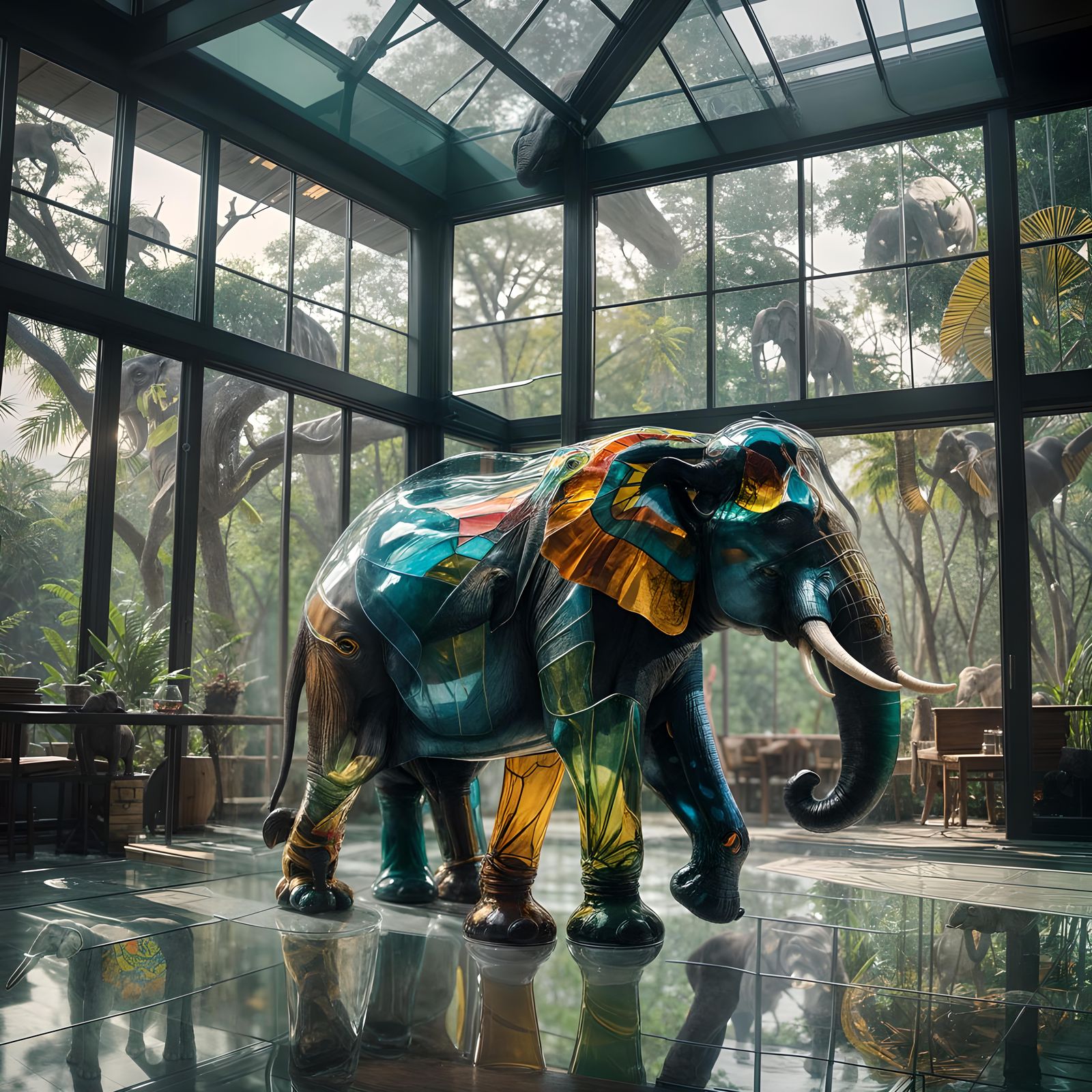 Majestic Glass Elephant in Glass Room: Cinematic Still