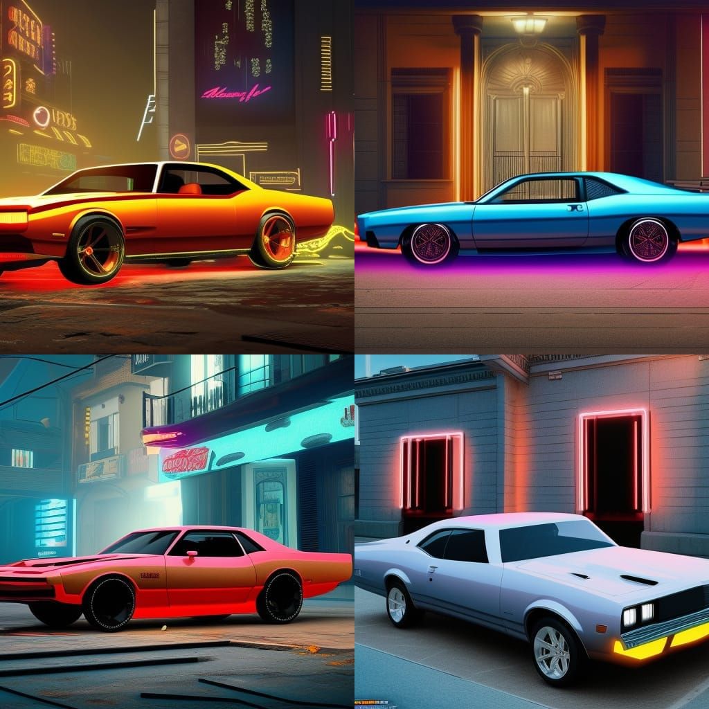 Cyberpunk Muscle Car at Dawn: Neon Cityscape