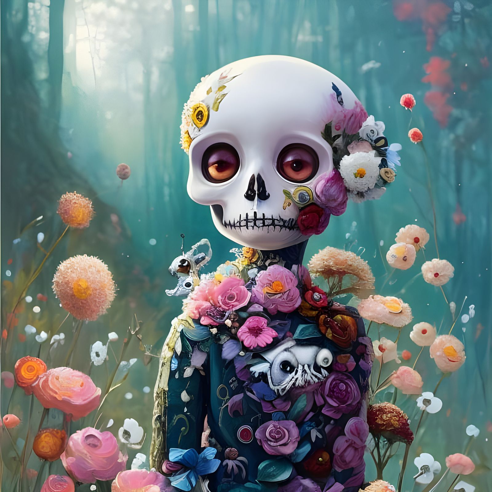 Cute Skeleton with Flowers: Fantasy Horror Illustration