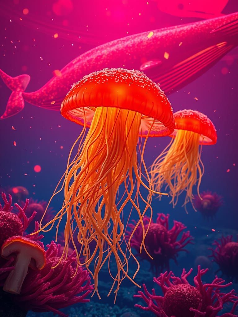 Bioluminescent Spaghetti Jellyfish in Tomato Sauce Sea