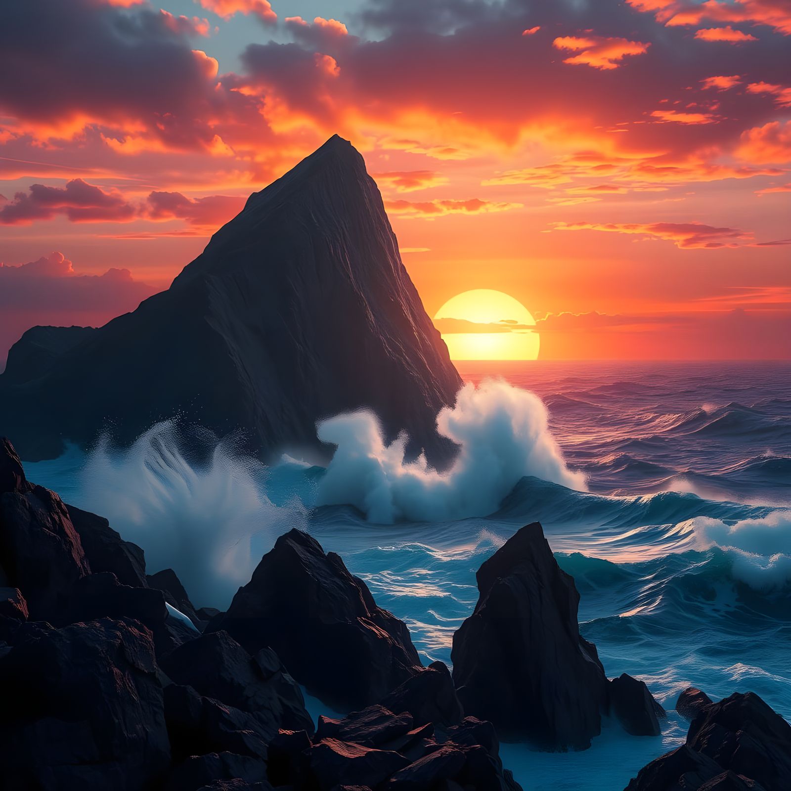 Fantastical Sunset Cliffside Oasis in Vibrant Colors