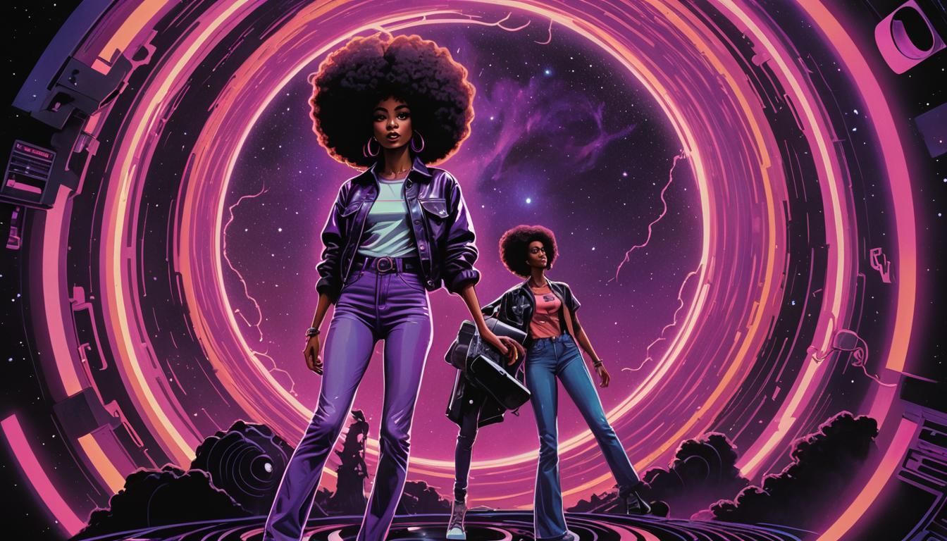 Fashionable Woman in Front of Swirling Black Hole