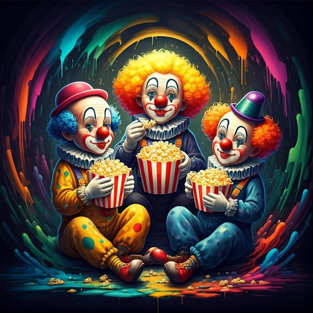 Clowns Enjoying Popcorn in Graffiti Art Style