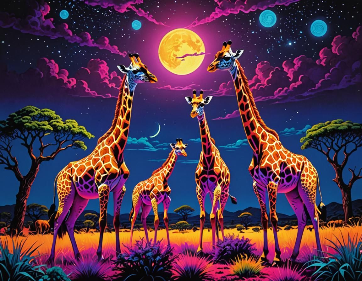 Retro-Futuristic Giraffe Safari in Electric Blue Moonlight