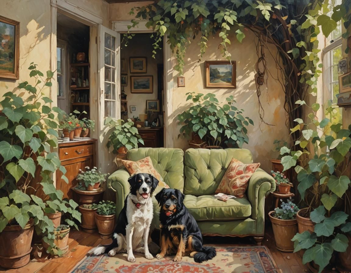 Cozy Impressionist Room with Vines and Pets
