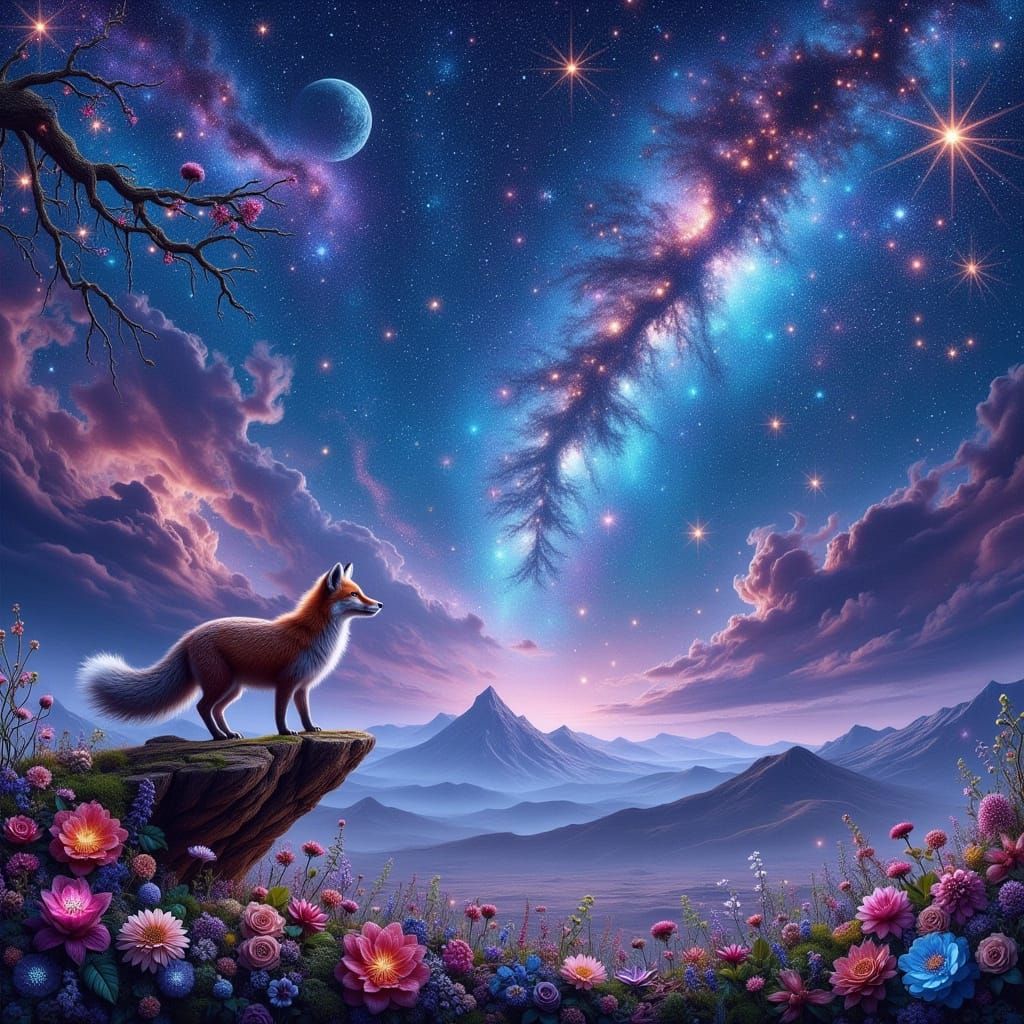 Fox on Cliff Under Starry Night Sky with Nebulae