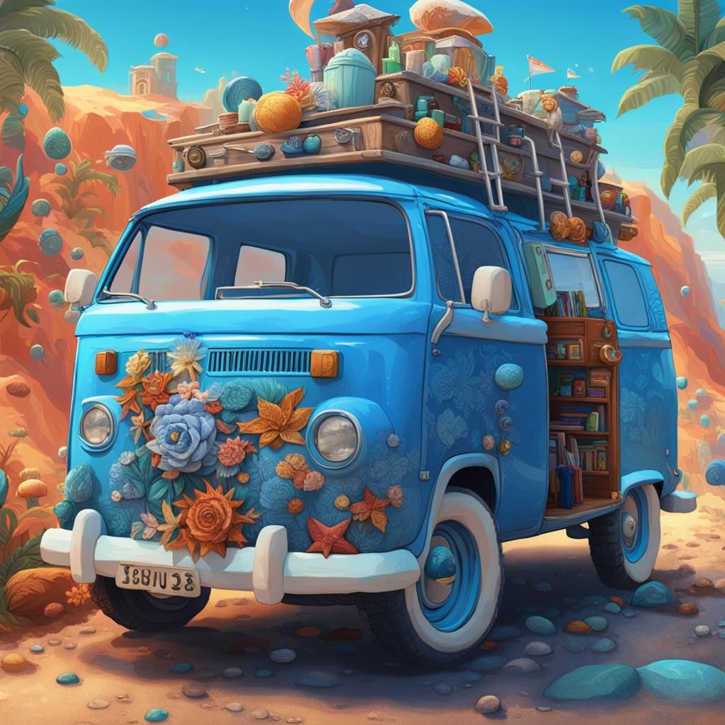 Road Trip to the Beach: Friends in a Blue Van