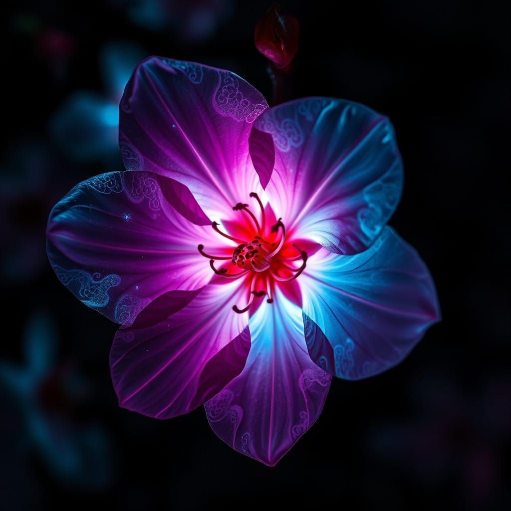 Enchanted Cherry Blossom Scene in Black Light Art Style