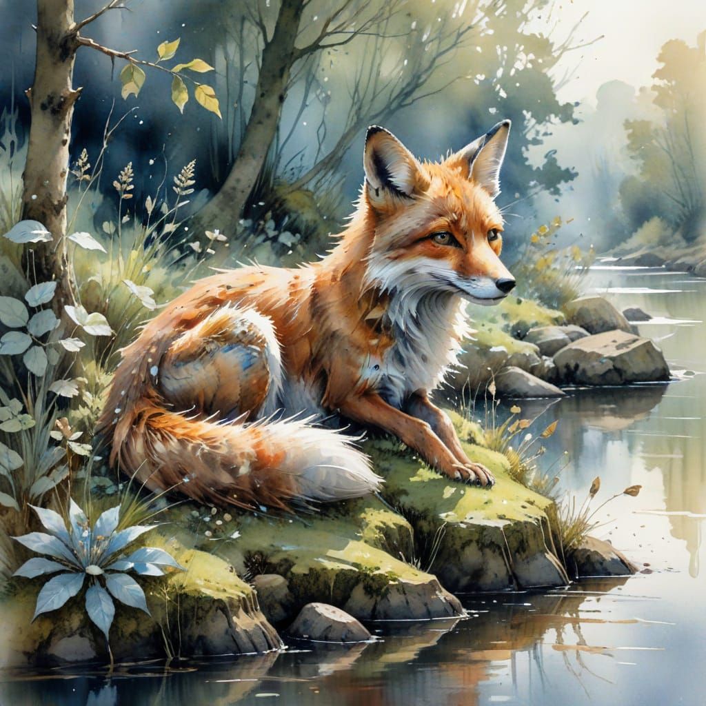 Whimsical Watercolour Portrait of a Sly Fox in a Serene Rive...